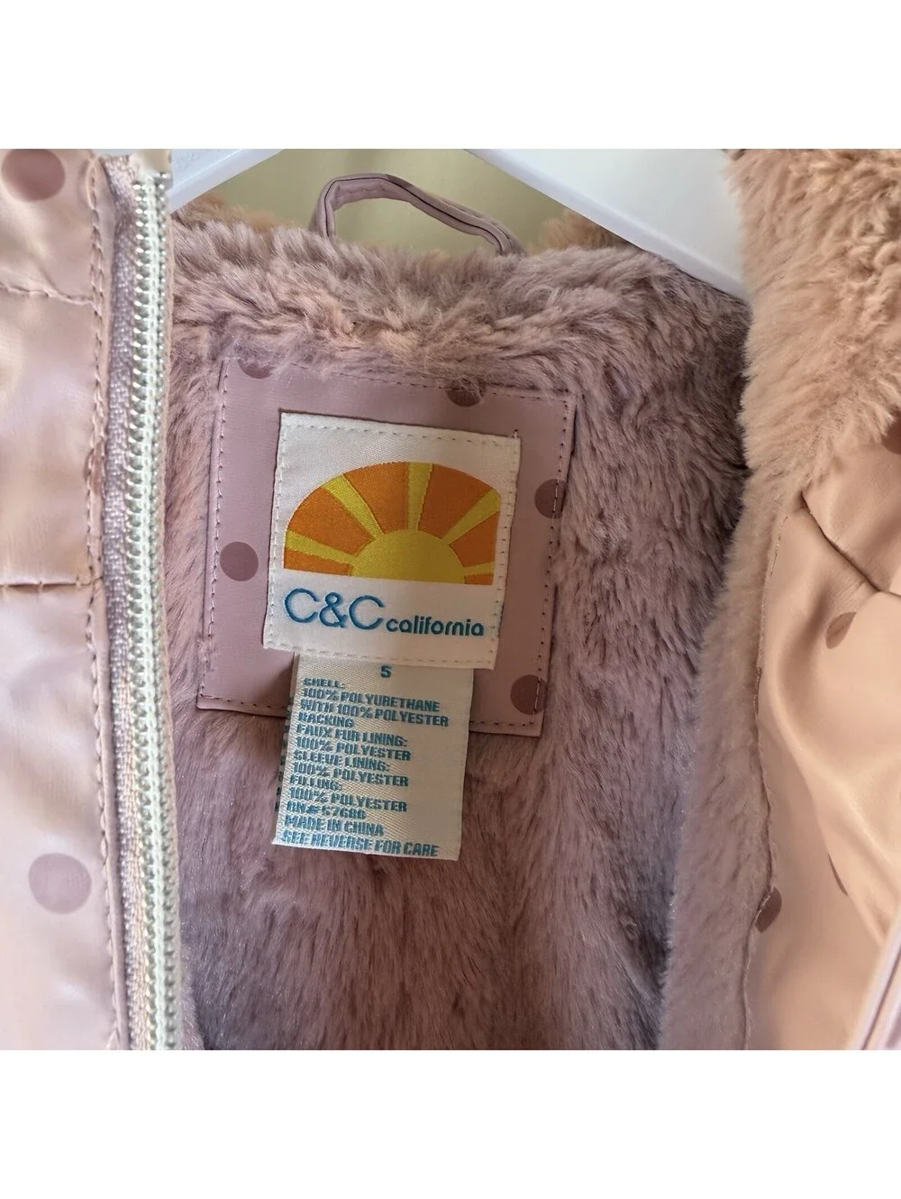 C & C California Girls Pink Rain Jacket Hooded Coat Polka Dot Faux Fur Lined 5